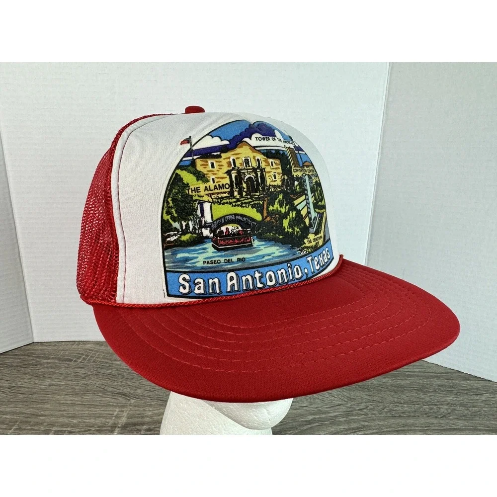 San Antonio Texas ~ Trucker Rope Foam Hat Snapback Cap Red White Alamo Vtg 80s